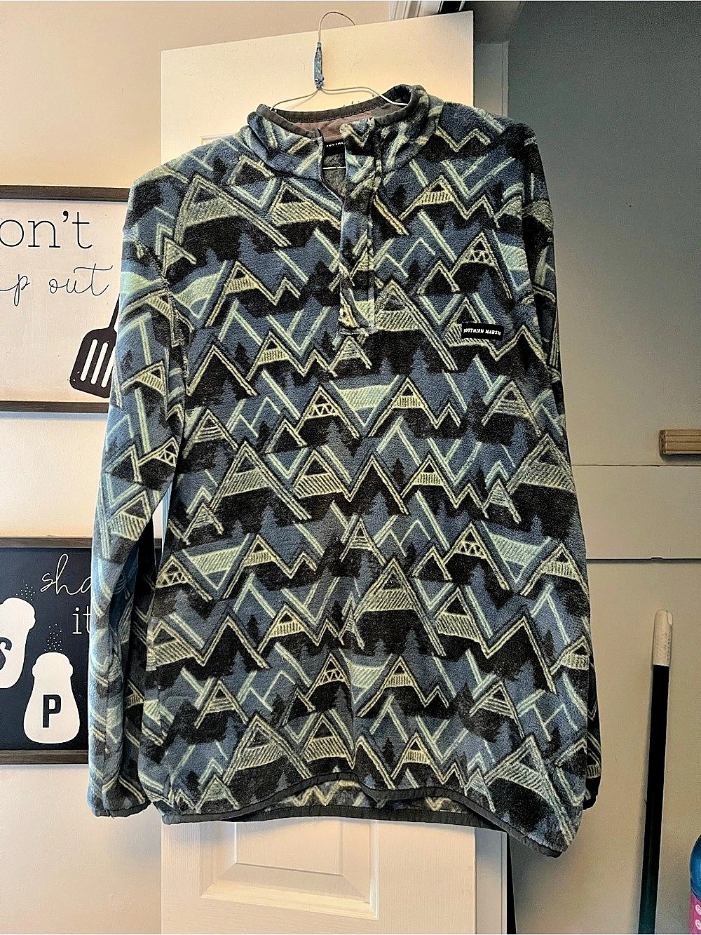 Southern Marsh Geometric Fleece Pullover in Blue & Green